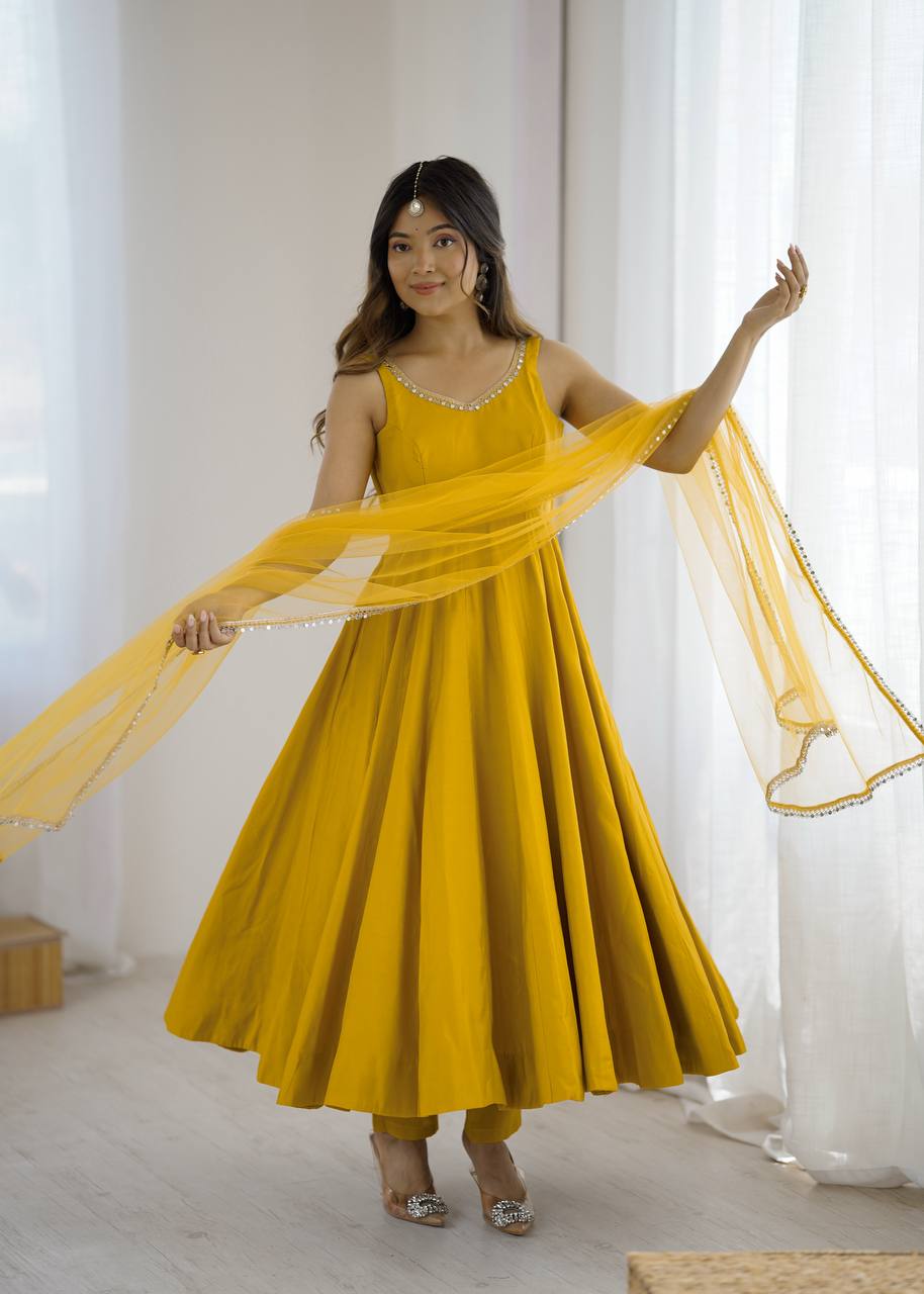 Pure Romansilk Chanderi Anarkali Set with Dupatta & Pant – Fully Stitched